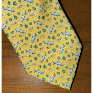 Bird Dog Bay Men's Yellow Silk Tie‎ With Fish Handmade USA Hand Drawn